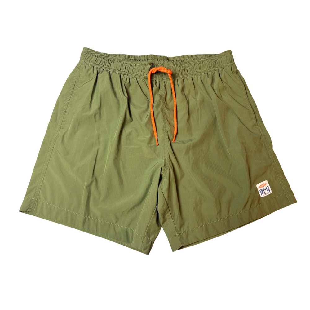 HM‎ Mens Swim Trunks Olive Green Ripstop Shorts Orange Drawstring Large